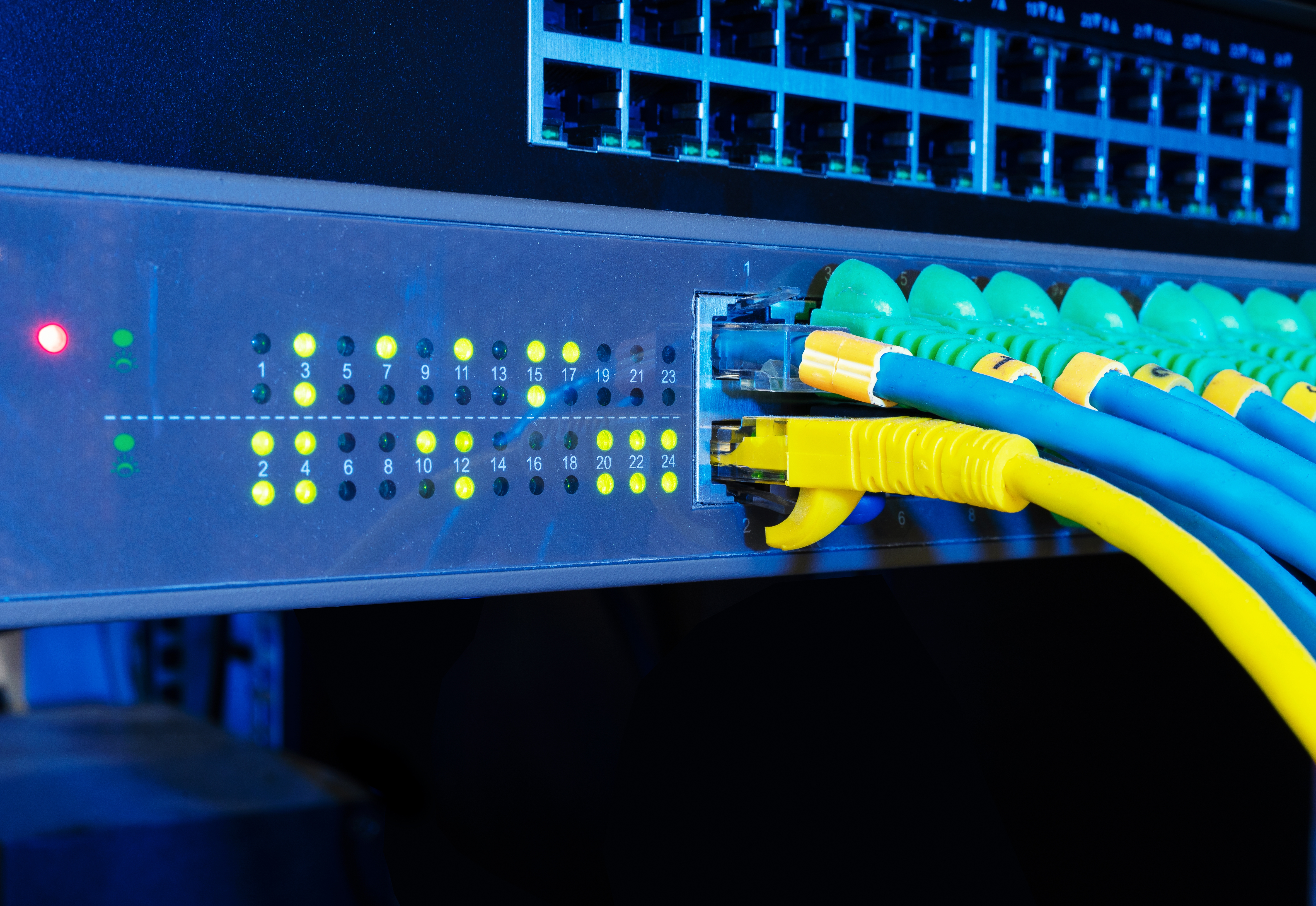 Network server panel on black background in technology concept